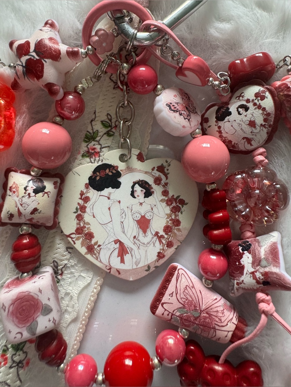 Snow White Heart Charm Pink & Beaded Bag Charm